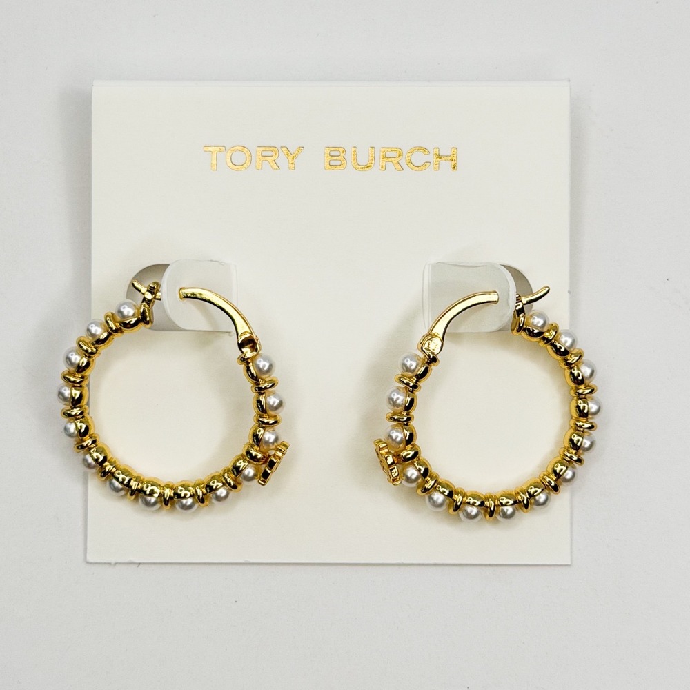 Tory Burch Kira Pearl Hoop Earrings Gold Tone Beaded Cream NWT Boho Chic Luxury